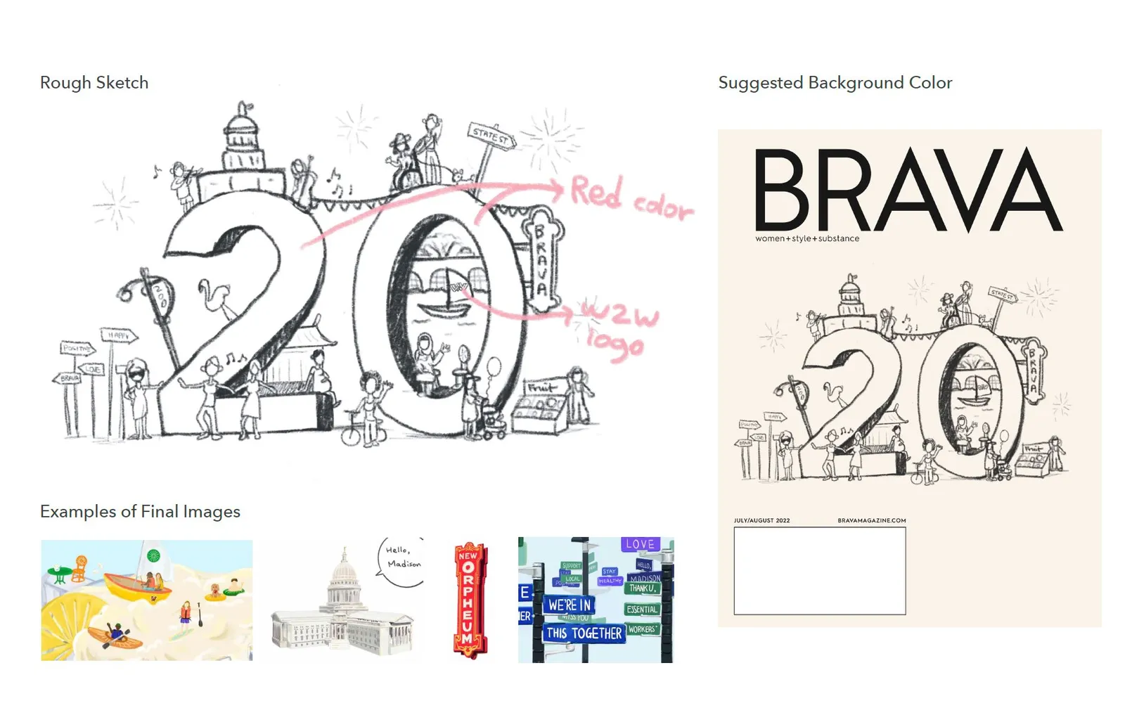 Sketch and color studies for the Brava cover