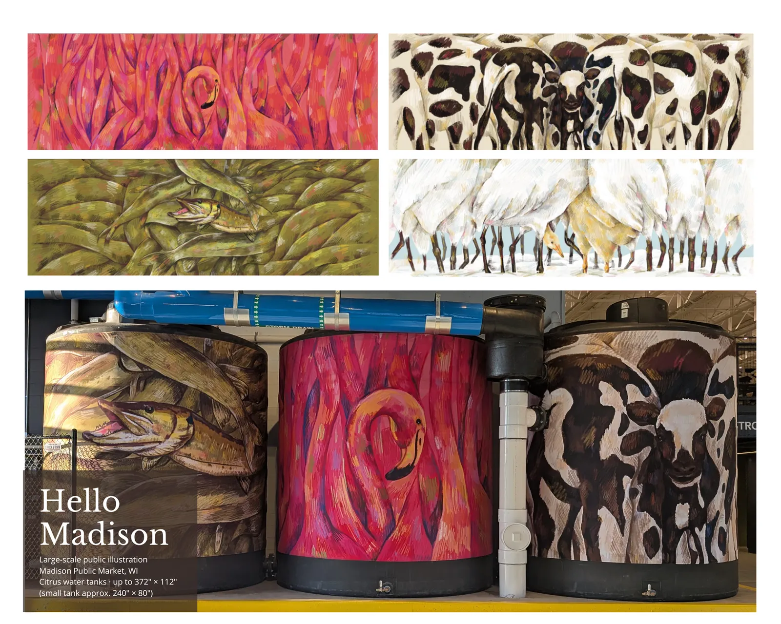 Three water tanks wrapped in Hello Madison patterns at the Madison Public Market