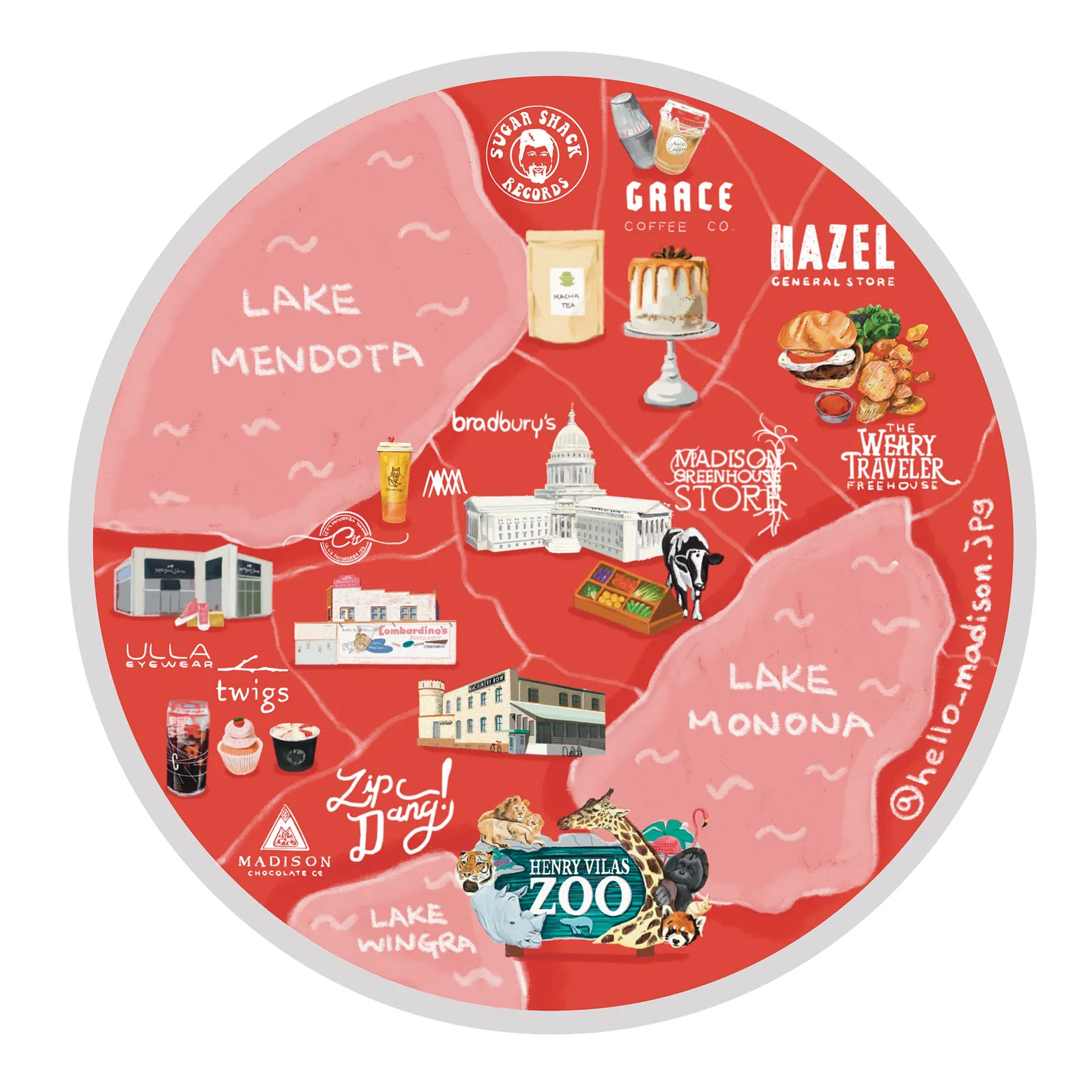 Circular illustrated map of Madison for Yelp Wisconsin